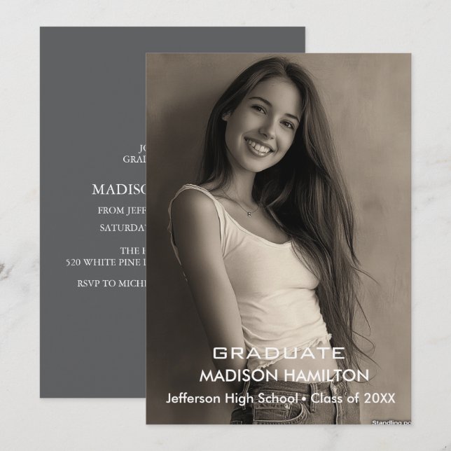 Invitation Photo personnalisée noir et blanc Graduation party (Devant / Derrière)