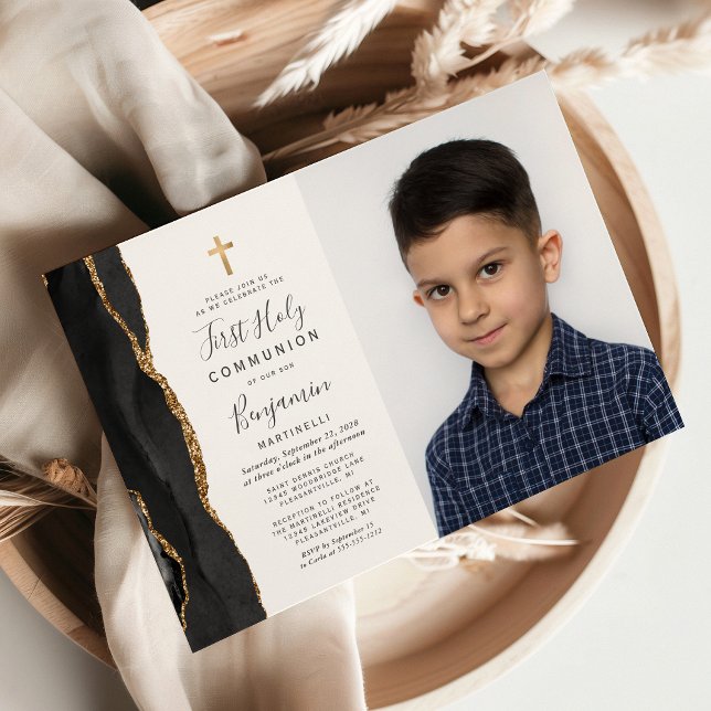 Invitation Photo personnalisée Porte Noir Or Première Communi (Créateur téléchargé)