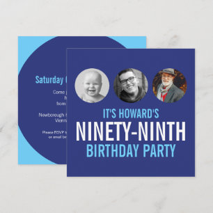 Invitation Photo personnalisée pour 99 ans avec 3 photos bleu