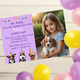 Invitation Photo personnalisée Purple Chiot Anniversaire Paw 