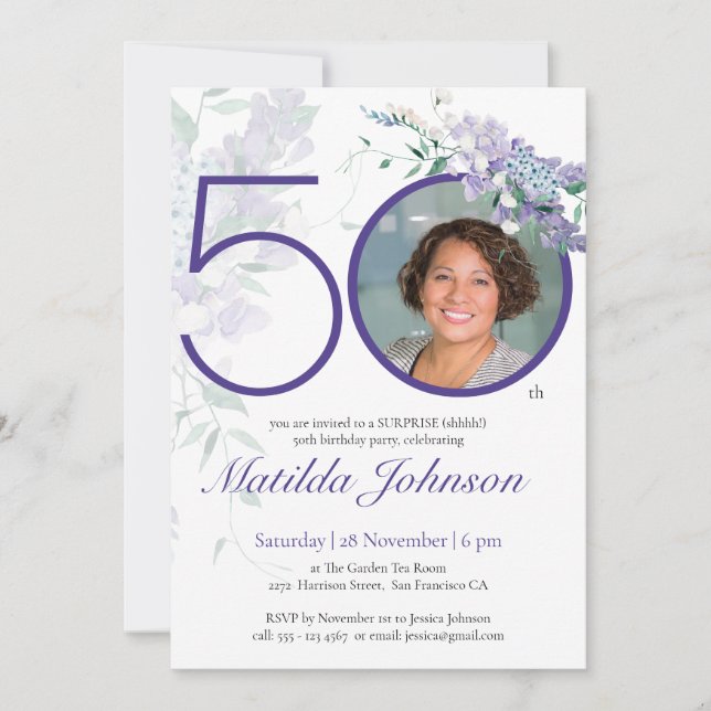 Invitation Photo personnalisée Purple Floral Surprise 50e ann (Devant)