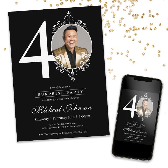 Invitation Photo personnalisée Surprise fête du 40e anniversa (40th Birthday Surprise Party Custom Photo Invitation)