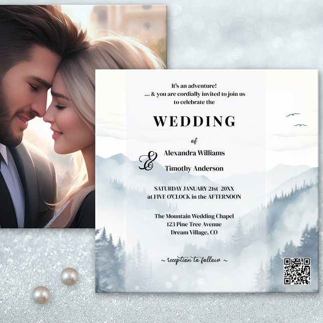 Invitation Photo Pine Trees Mountain Mariage d'hiver (Winter wedding invitation featuring a watercolor mountain landscape scene with pine trees)