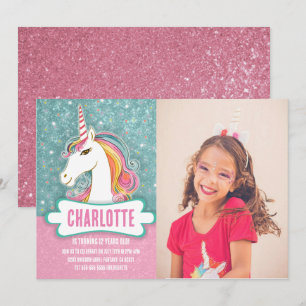 Invitation Photo Pink and Blue Unicorn Anniversaire Party