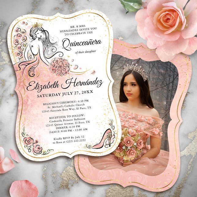Invitation Photo Pink and Gold Princess Quinceanera Anniversa (Easily upload your own photo to the back, or use the space for extra event details.)