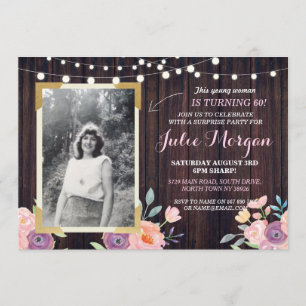 Invitation Photo Pink Anniversaire Floral Rustic Bois Invitat