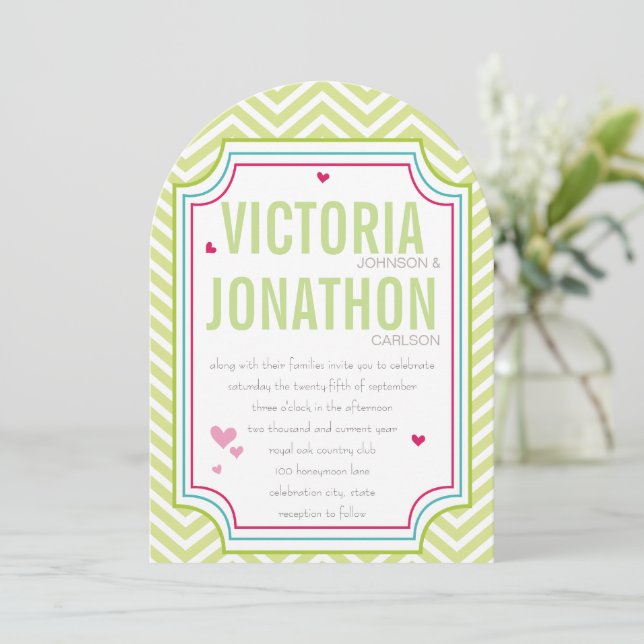 Invitation Photo Pink Aqua Lime Zig Zag Mariage de typographi (Debout devant)