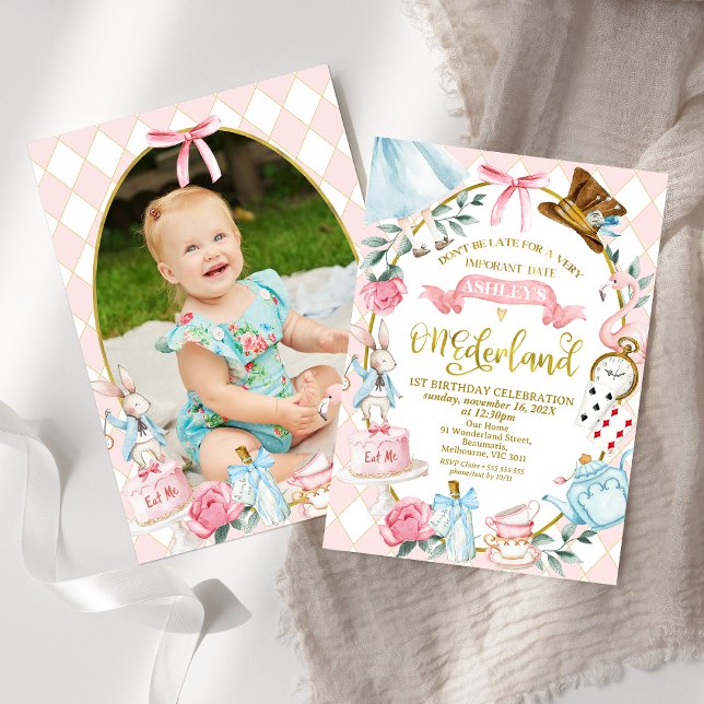 Invitation Photo Pink Bow Alice Onederland 1er anniversaire (Girls Bow Alice In Onederland 1st Birthday Invitation With Photo On Back, Onederland 1st Birthday )