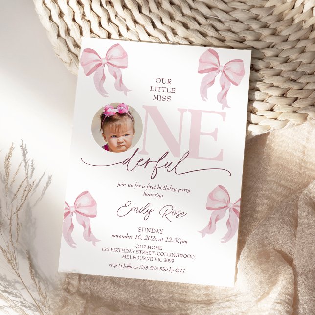 Invitation Photo Pink Bow Little Miss Onederful 1er anniversa (Little Miss Onederful Invitation, Miss Onederful Birthday Invitation, Girls 1st Birthday Invitation )