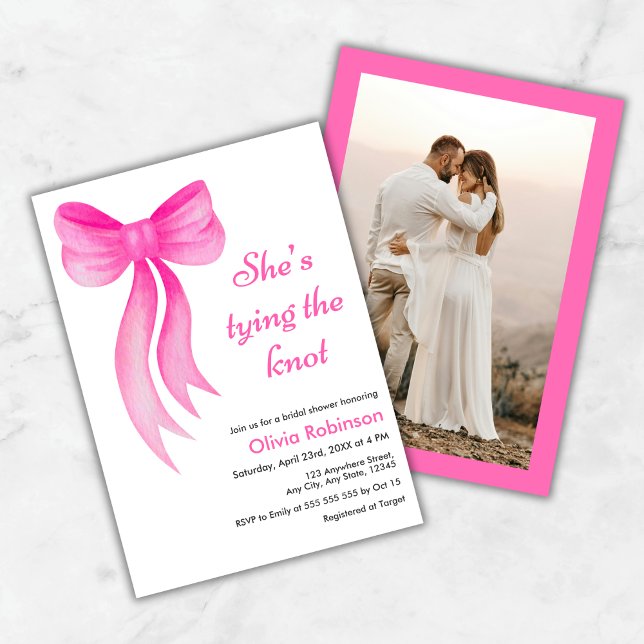 Invitation Photo Pink Bow She's Tying the Knot Bridal Shower  (Photo Pink Bow She's Tying the Knot Bridal Shower Invitation )