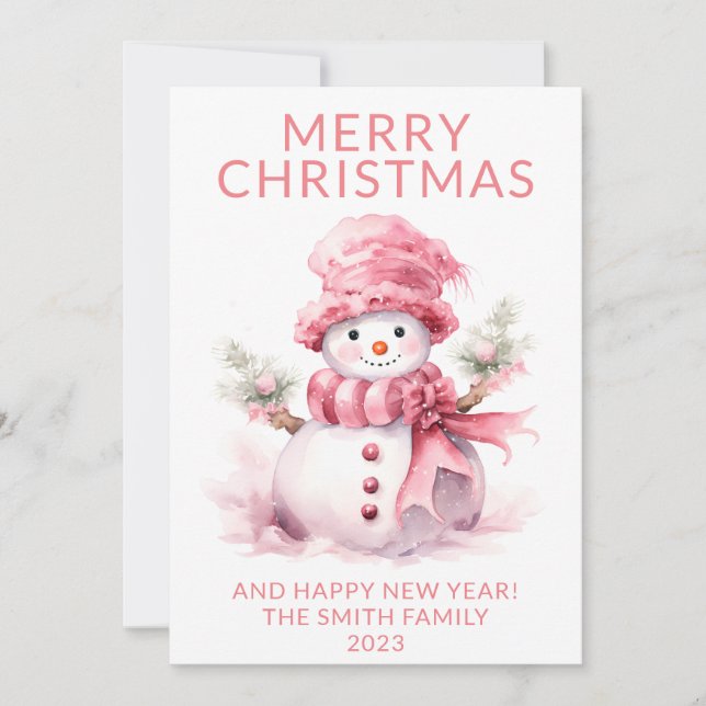 Invitation Photo Pink Christmas Snowman Holiday Card (Devant)