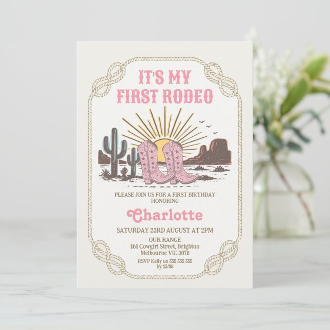 Invitation Photo Pink Cowgirl Its My First Rodeo 1st Birthday (Debout devant)