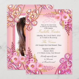 Invitation Photo Pink Floral Gold Tiara fête d'anniversaire