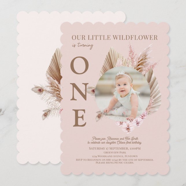 Invitation Photo Pink Little Fleur sauvage 1er anniversaire (Devant / Derrière)