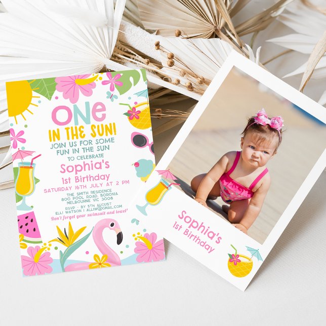 Invitation Photo Pink Pool One Au Soleil 1er Anniversaire (One In The Sun 1st Birthday Invitation Template Baby Girl, Photo Sun Themed 1st Birthday Invitation )