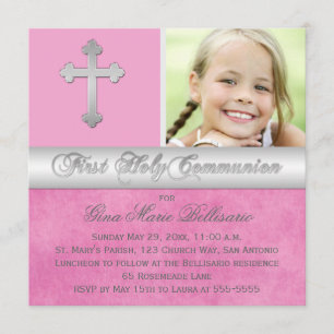 Invitation photo Pink, Silver First Holy Communion