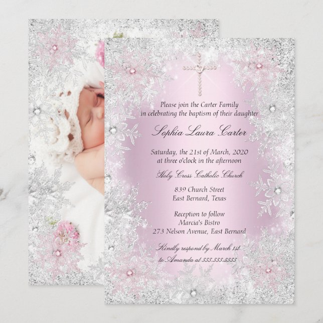 Invitation Photo Pink Silver Flakes Girl Baptism Cross (Devant / Derrière)