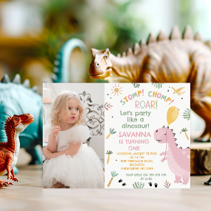 Invitation Photo Pink Stomp Chomp Roar Dinosaur 1er anniversa