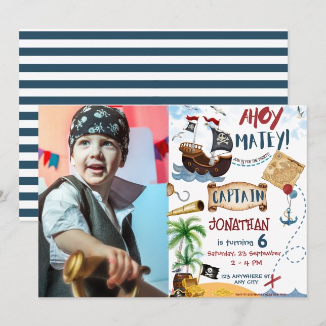 Invitation Photo Pirate fête d'anniversaire (Devant / Derrière)