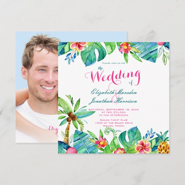 Invitation Photo Plage tropicale Mariage rose Turquoise Flora (Devant / Derrière)