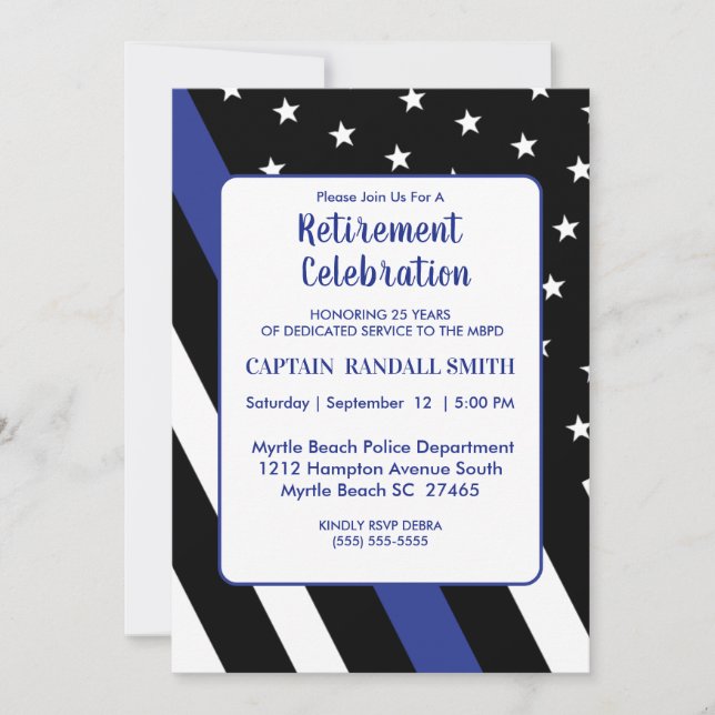 Invitation Photo Police Retraite Ligne bleue Drapeau Invitati (Devant)