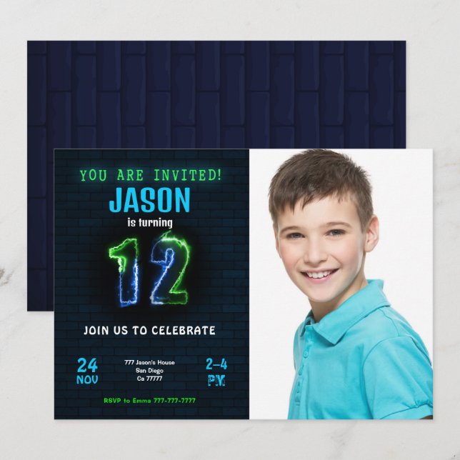 Invitation photo pour 12ème anniversaire garçon (Devant / Derrière)
