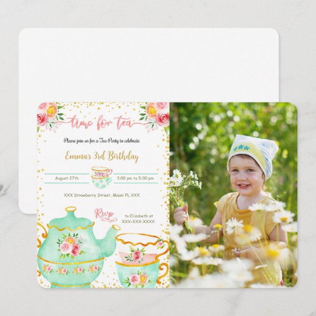Invitation photo pour fête de thé pour 3ème annive (Devant / Derrière)