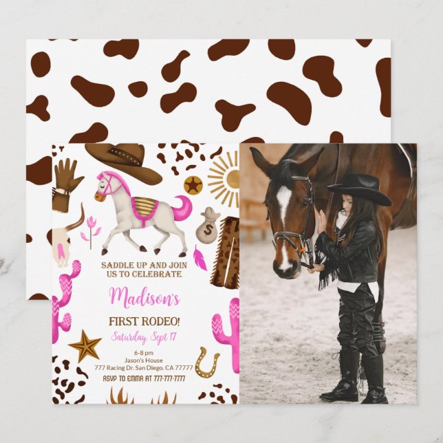 Invitation photo pour l'anniversaire de la cow-gir (Devant / Derrière)