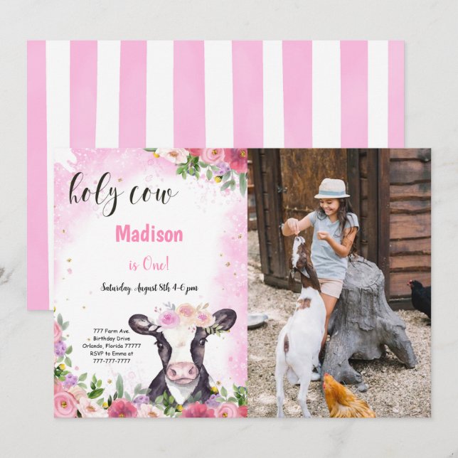 Invitation photo pour l'anniversaire de la vache (Devant / Derrière)