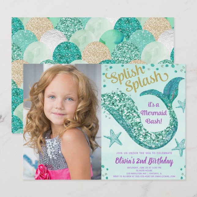 Invitation Photo pourpre turquoise de parties scintillantes (Devant / Derrière)