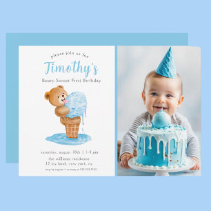 Invitation Photo Premier anniversaire Garçon Teddy Ours Crème