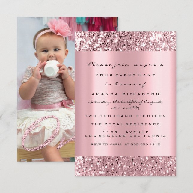 Invitation Photo Premier anniversaire Parties scintillant Ros (Devant / Derrière)