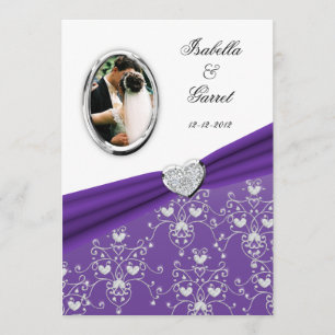 Invitation photo Purpl Ribbon Heart Mariage damass