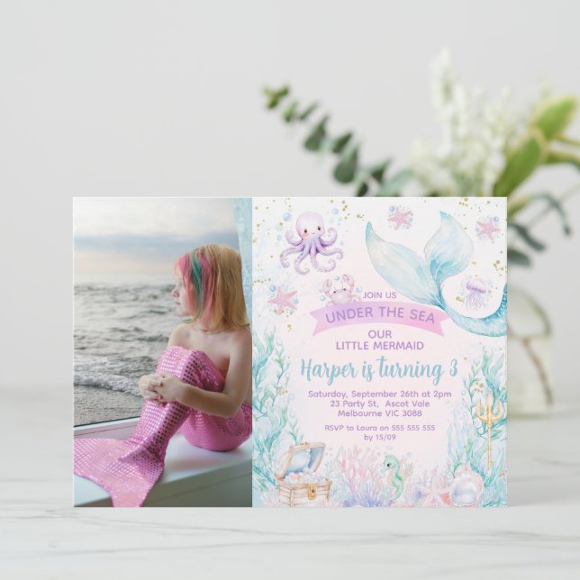 Invitation Photo Purple Blue Little Mermaid Anniversaire (Debout devant)