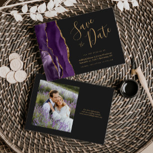 Invitation Photo Purple Gold Agate Dark Wedding Enregistrer l