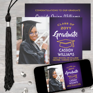 Invitation Photo Purple Gold Jaune Blanc Moderne Graduation