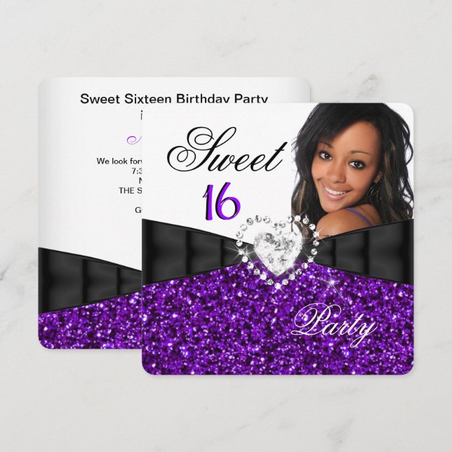 Invitation Photo Purple Parties scintillant Sweet 16 16e fête (Devant / Derrière)