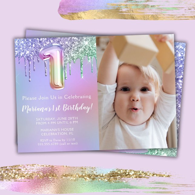 Invitation Photo Purple Pink Parties scintillant 1er annivers (Créateur téléchargé)