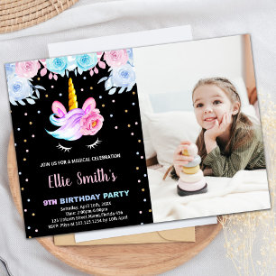 Invitation Photo Purple Rainbow Pink Unicorn Anniversaire