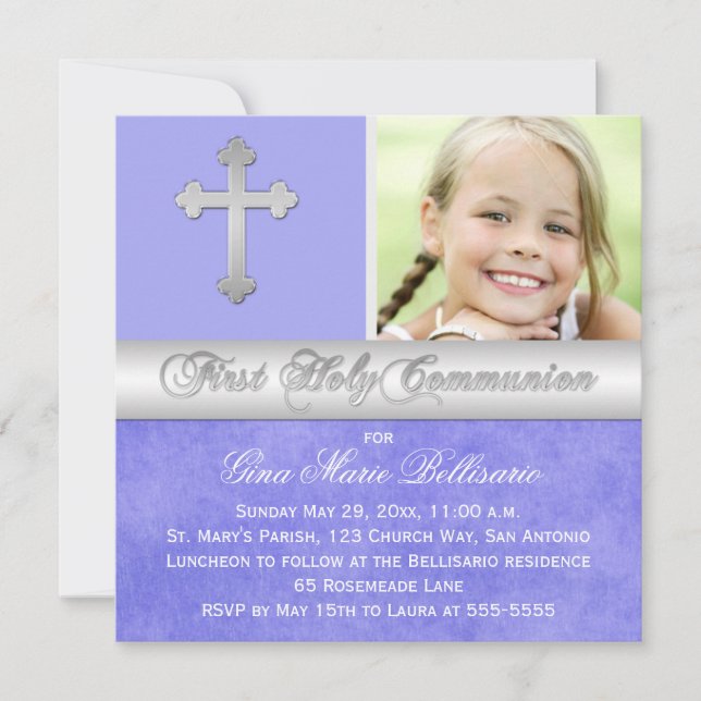 Invitation photo Purple Silver 1st Holy Communion (Devant)