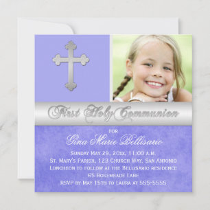 Invitation photo Purple Silver 1st Holy Communion