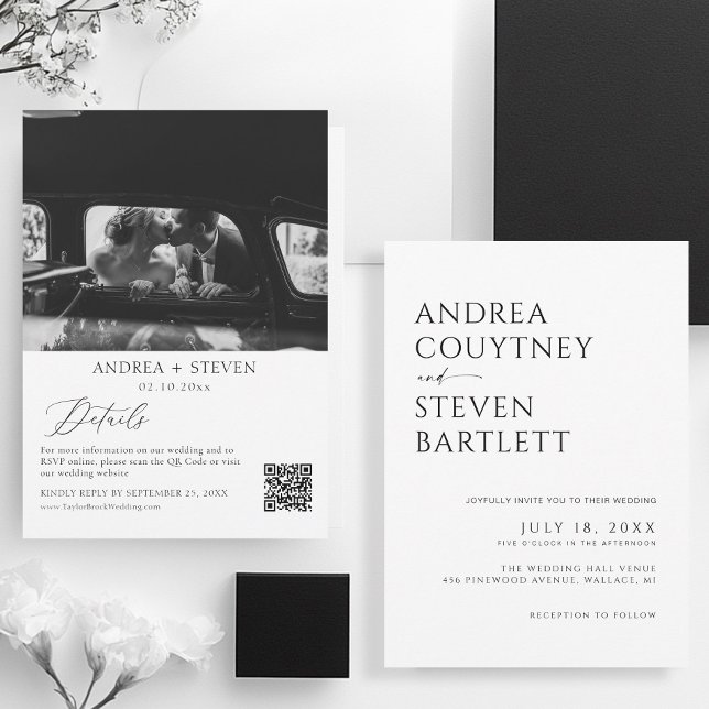 Invitation Photo Qr Code Mariage noir et blanc (Créateur téléchargé)