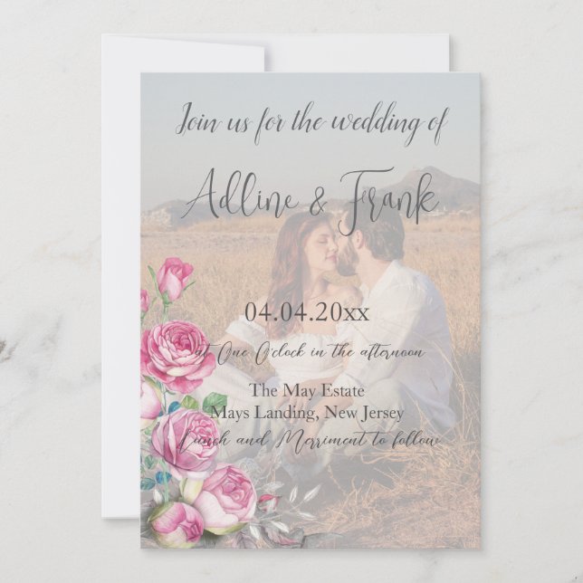 Invitation Photo QR Code Watercolor Rose Mariage (Devant)
