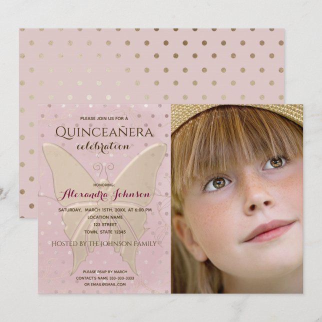 Invitation Photo Quinceanera Papillon rose et or (Devant / Derrière)