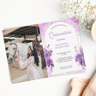 Invitation Photo Quinceañera Papillons floraux Rose violets