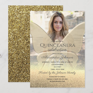 Invitation Photo Quinceanera Parties scintillant Papillon Or