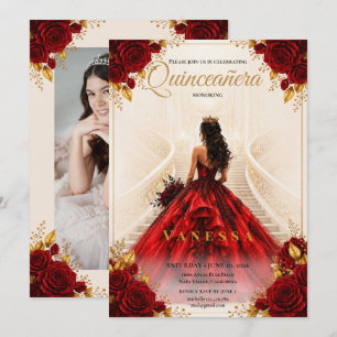 Invitation photo Quinceanera rouge et or
