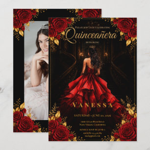 Invitation photo Quinceanera rouge et or