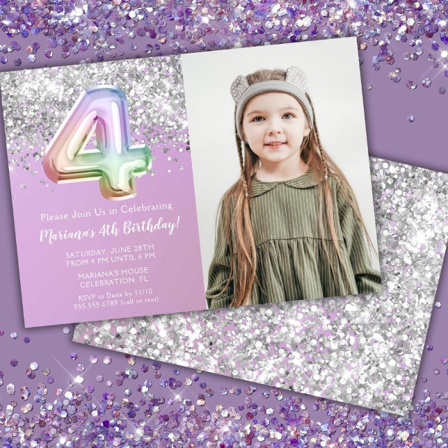 Invitation Photo Rainbow Sparkle 4e anniversaire (Créateur téléchargé)
