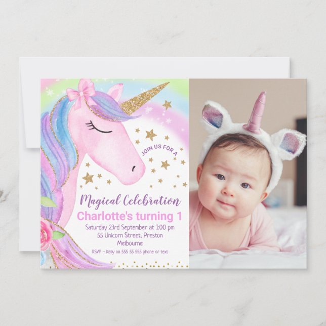 Invitation Photo Rainbow Stars Unicorn Anniversaire Invitatio (Devant)